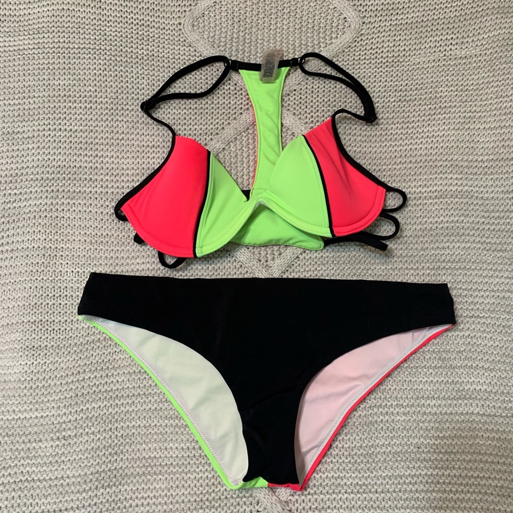 PINK Neon Color Block Bikini Set